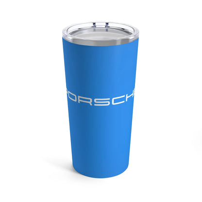 Front view of the Mexico Blue tumbler with Porsche logo in white, featuring a stainless steel interior and clear lid. Porsche collectible in Mexico Blue