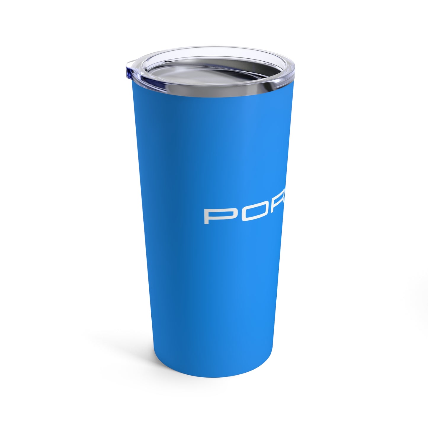 Left view of the Mexico Blue tumbler with Porsche logo in white, featuring a stainless steel interior and clear lid. Porsche logo drinkware.
