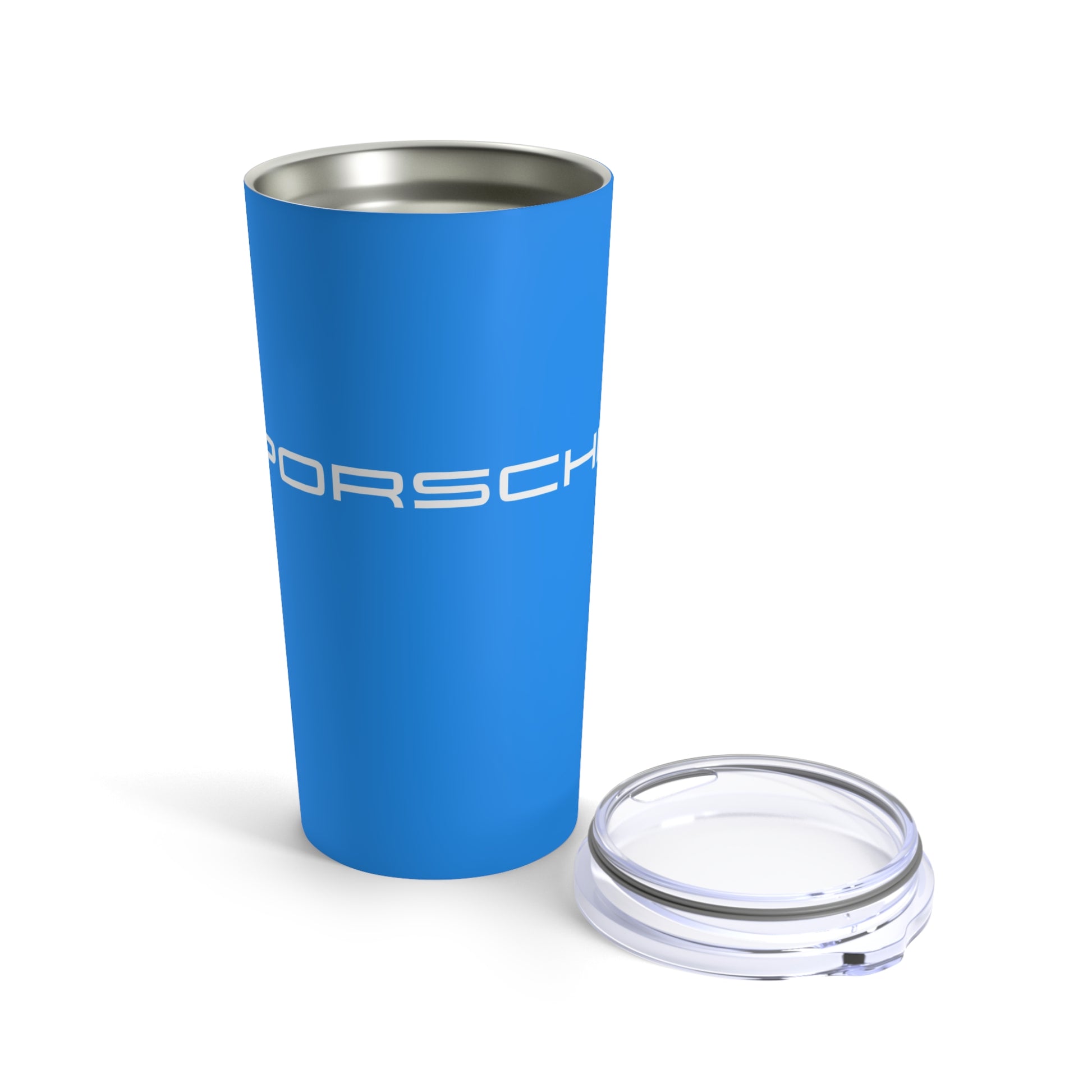 Opened view of the Mexico Blue tumbler with Porsche logo in white, featuring a stainless steel interior and clear lid. Porsche gifts
