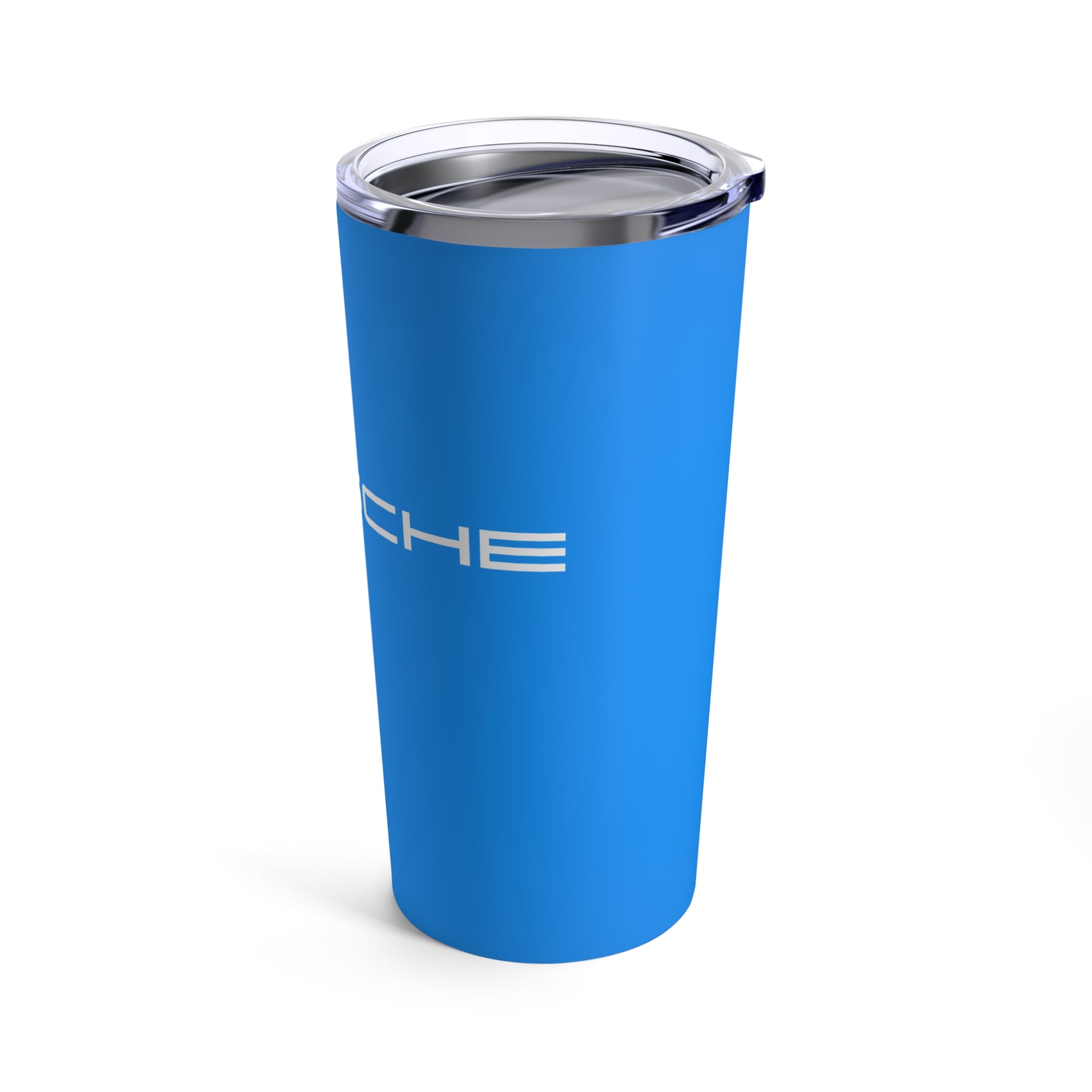 Right view of the Mexico Blue tumbler with Porsche logo in white, featuring a stainless steel interior and clear lid. Gifts for Porsche lovers
