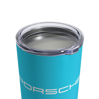 Close-up view of the Miami Blue tumbler with Porsche logo in white, featuring a stainless steel interior and clear lid.
