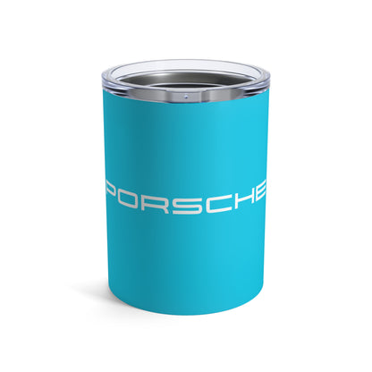 Front view of the Miami Blue tumbler with Porsche logo in white, featuring a stainless steel interior and clear lid.
