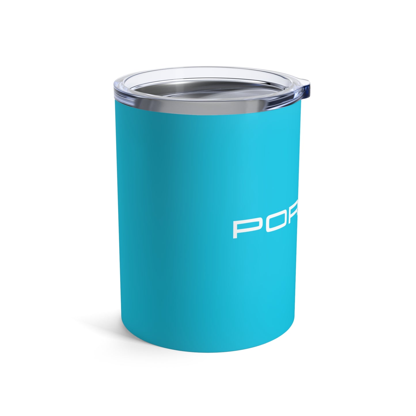 Left view of the Miami Blue tumbler with Porsche logo in white, featuring a stainless steel interior and clear lid.
