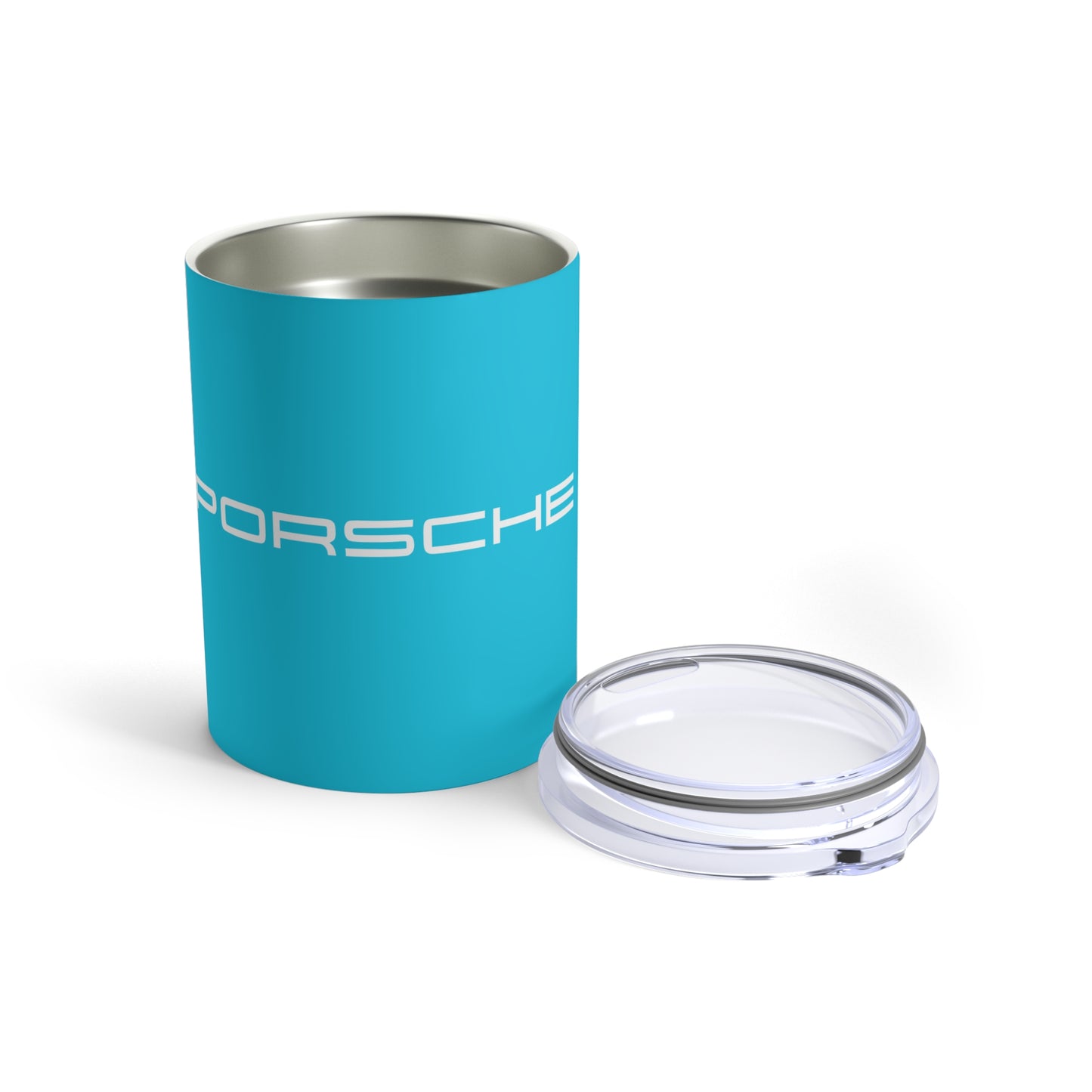 Opened view of the Miami Blue tumbler with Porsche logo in white, featuring a stainless steel interior and clear lid.
