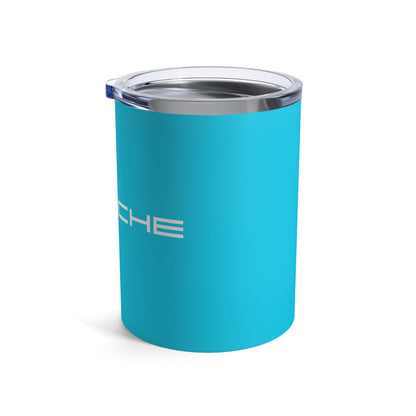 Right view of the Miami Blue tumbler with Porsche logo in white, featuring a stainless steel interior and clear lid.
