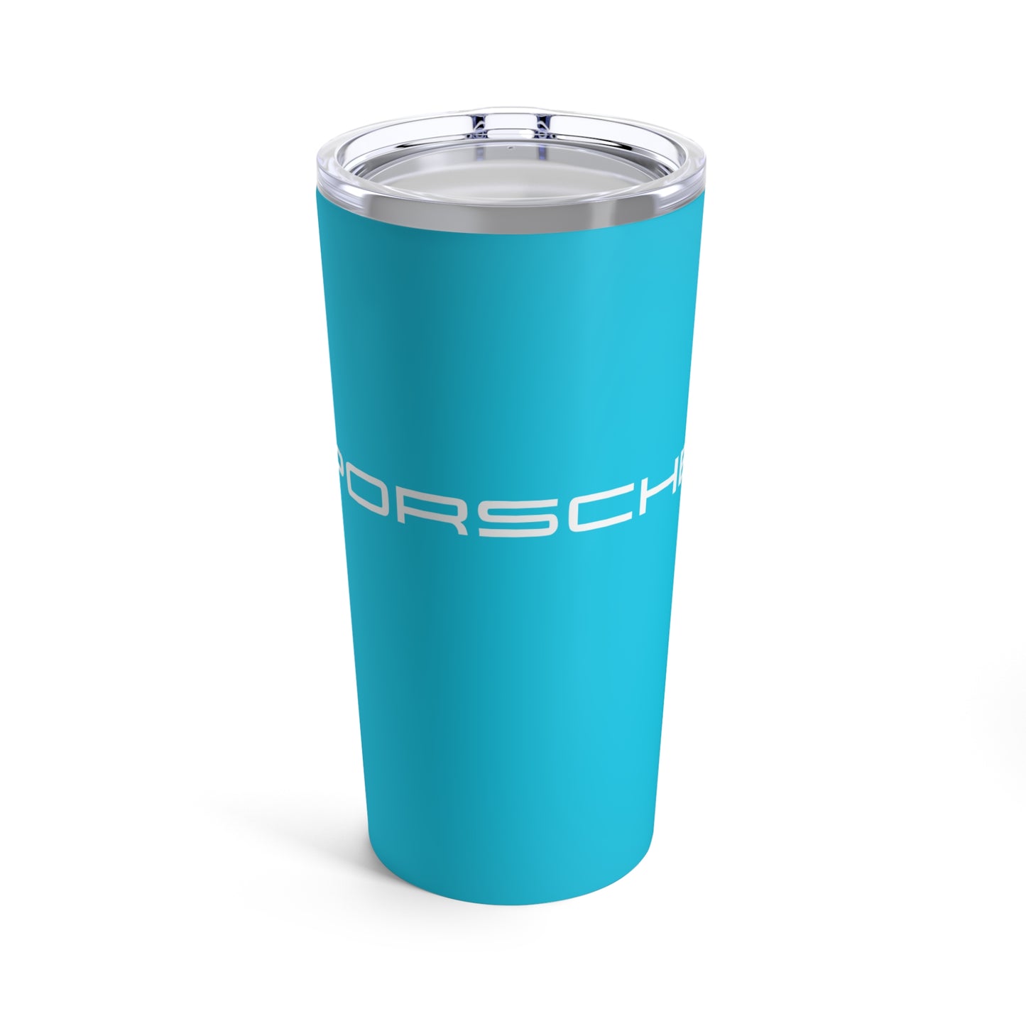 Front view of the Miami Blue tumbler with Porsche logo in white, featuring a stainless steel interior and clear lid. Porsche collectibles in Miami Blue
