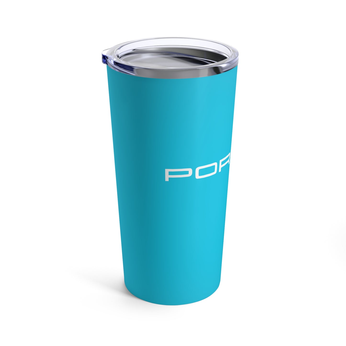 Left view of the Miami Blue tumbler with Porsche logo in white, featuring a stainless steel interior and clear lid. Porsche-inspired travel tumbler