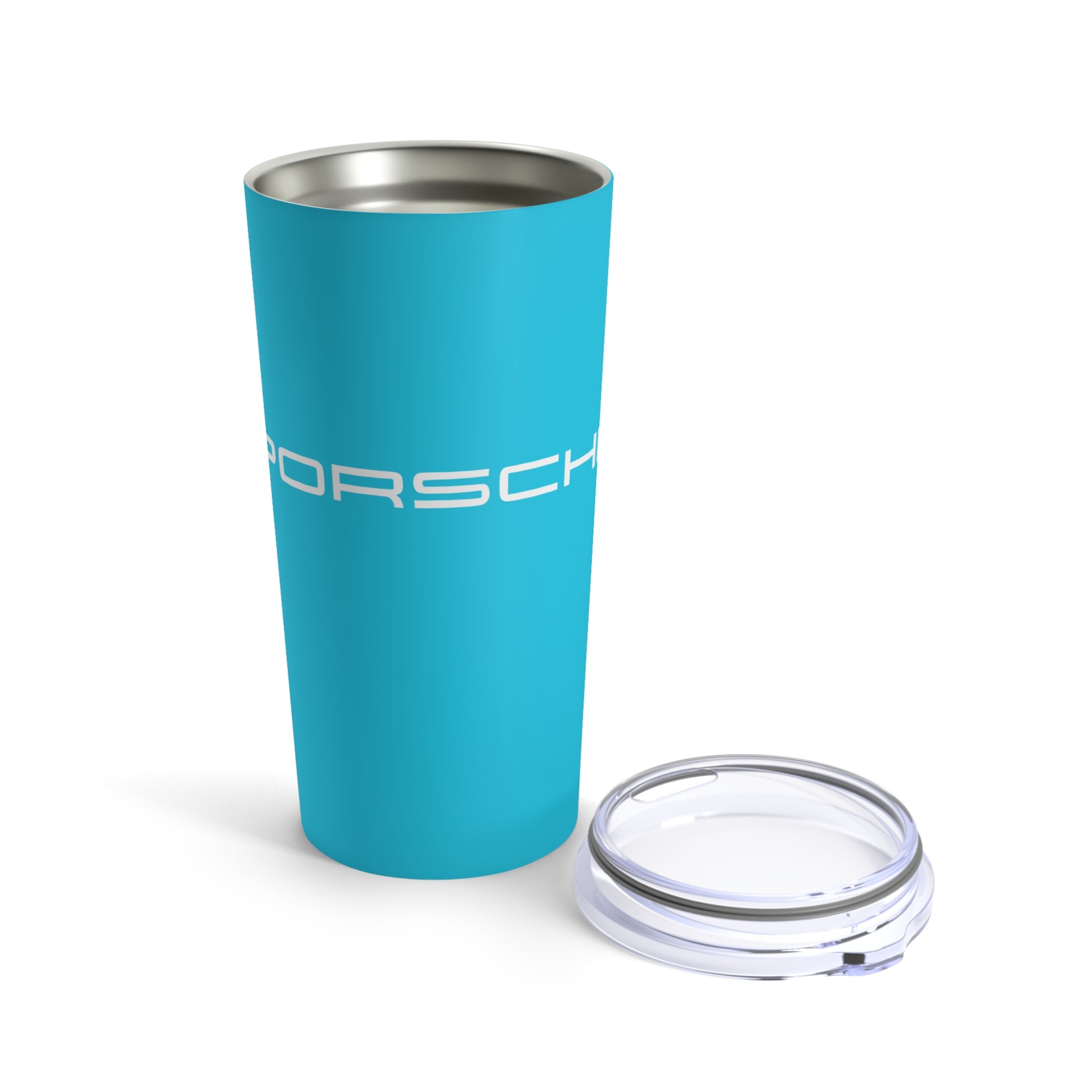 Opened view of the Miami Blue tumbler with Porsche logo in white, featuring a stainless steel interior and clear lid. Luxury Porsche branded products