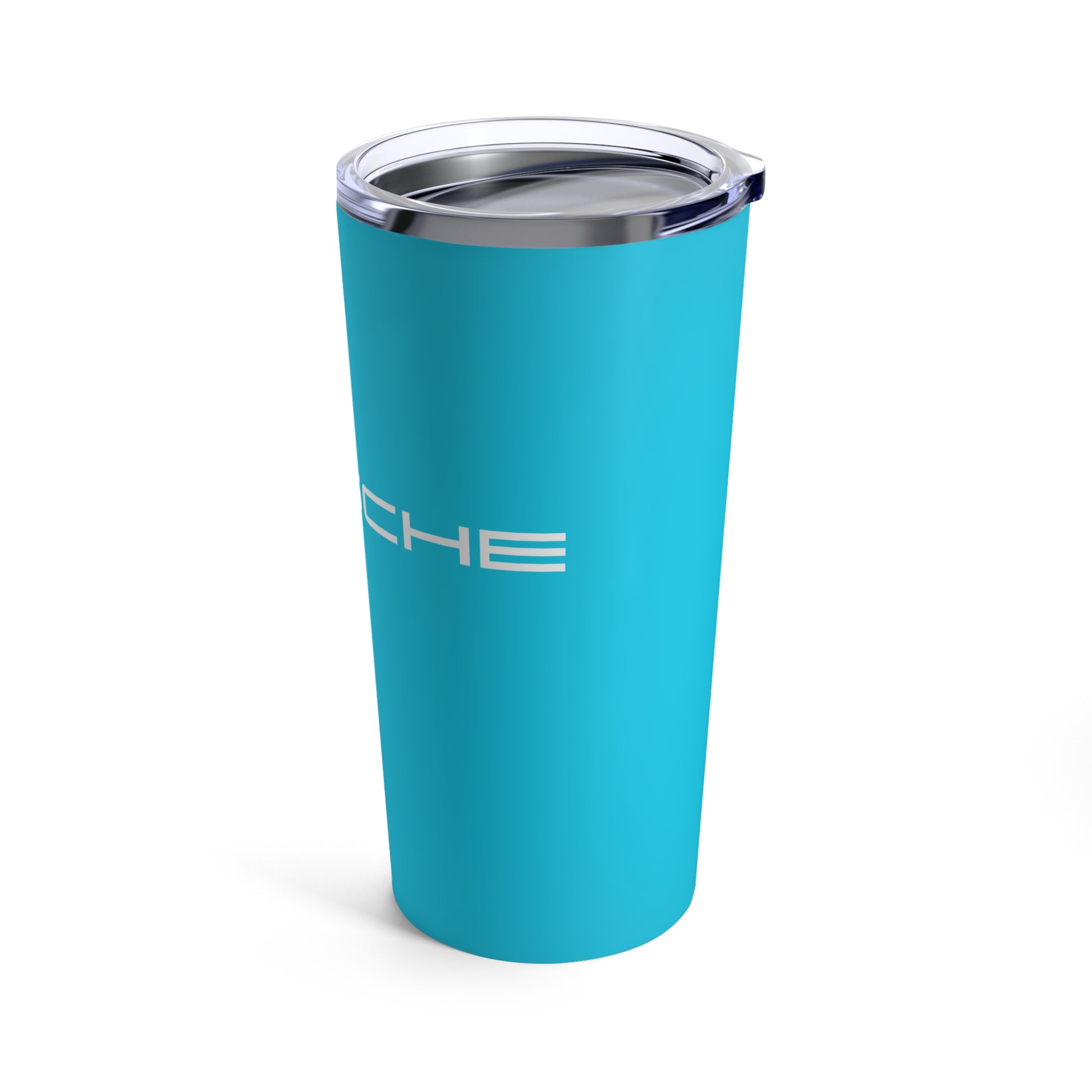 Right view of the Miami Blue tumbler with Porsche logo in white, featuring a stainless steel interior and clear lid. Porsche merchandise