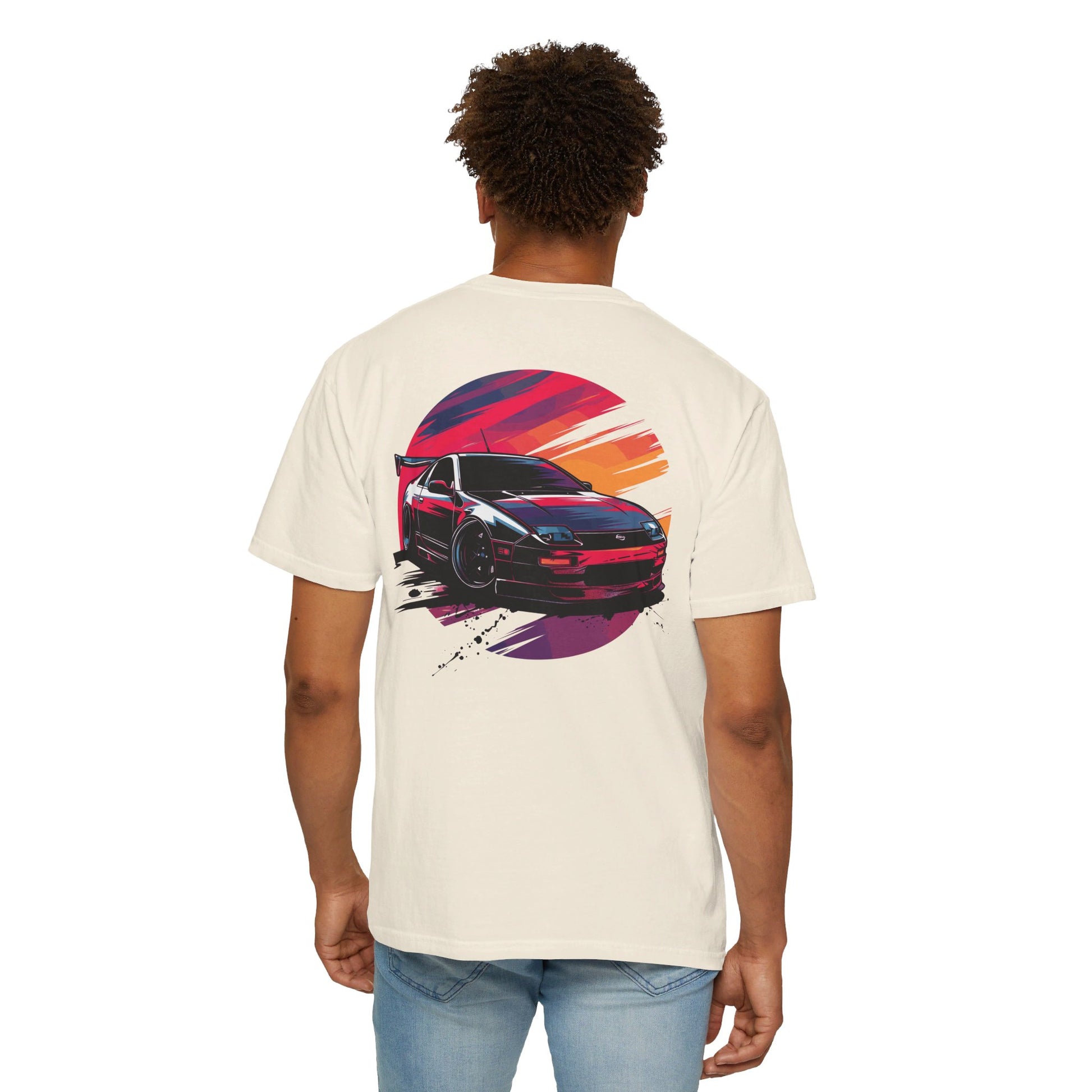 Rear view of model wearing Ivory Nissan 300ZX T-shirt