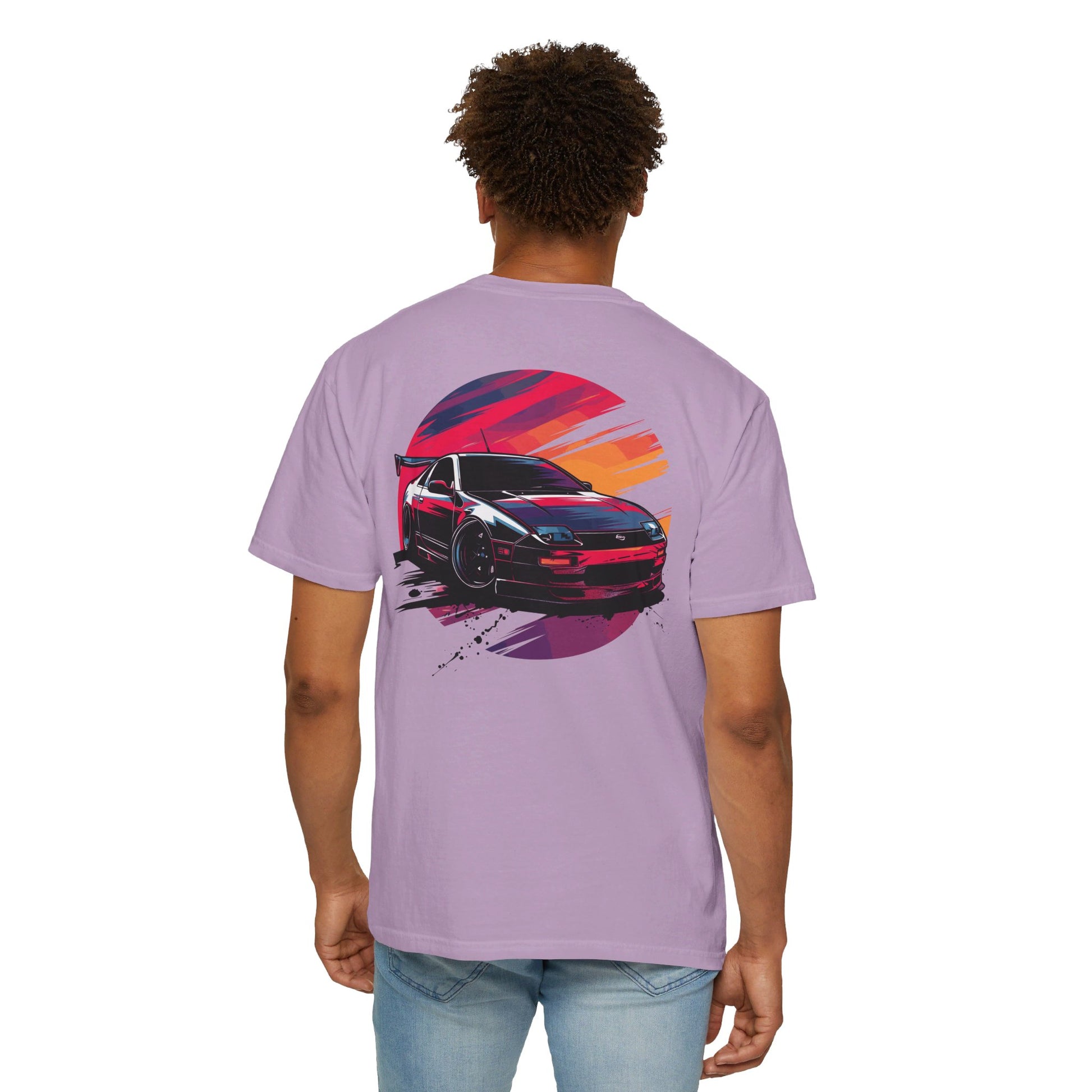 Rear view Model wearing Orchid Nissan 300ZX T-shirt