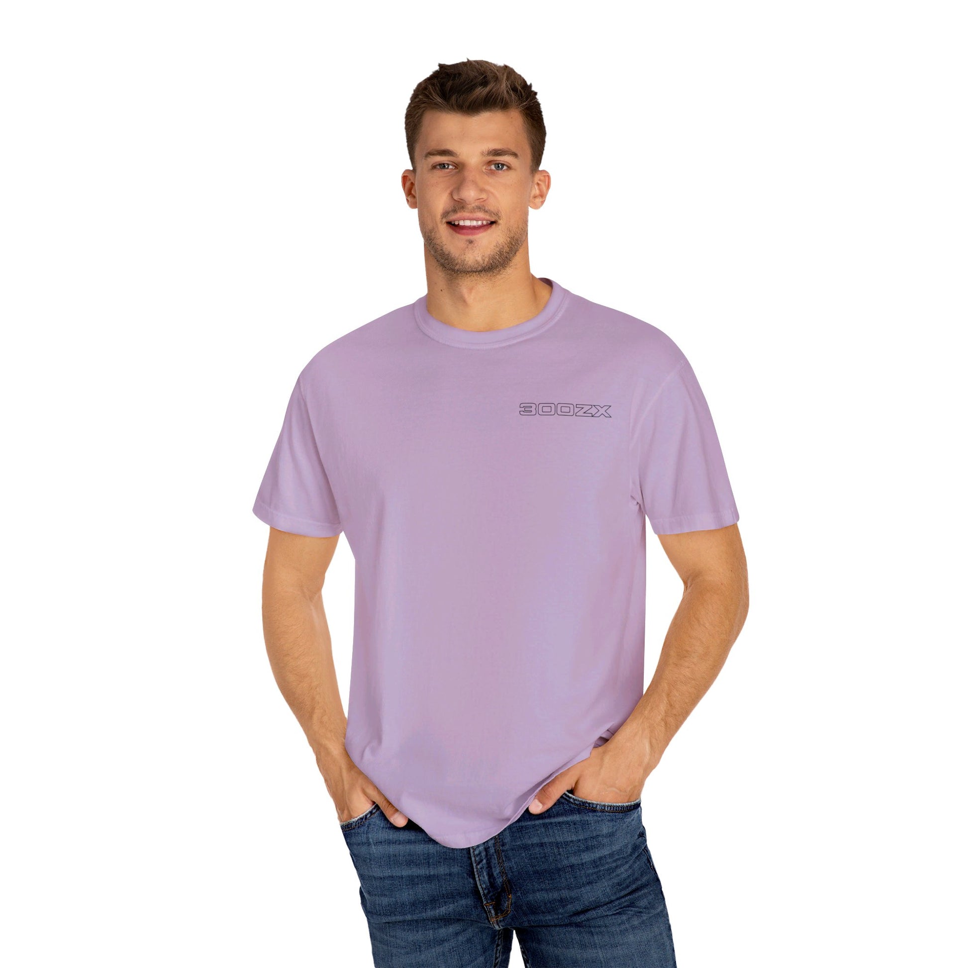 Model wearing Orchid Nissan 300ZX T-shirt