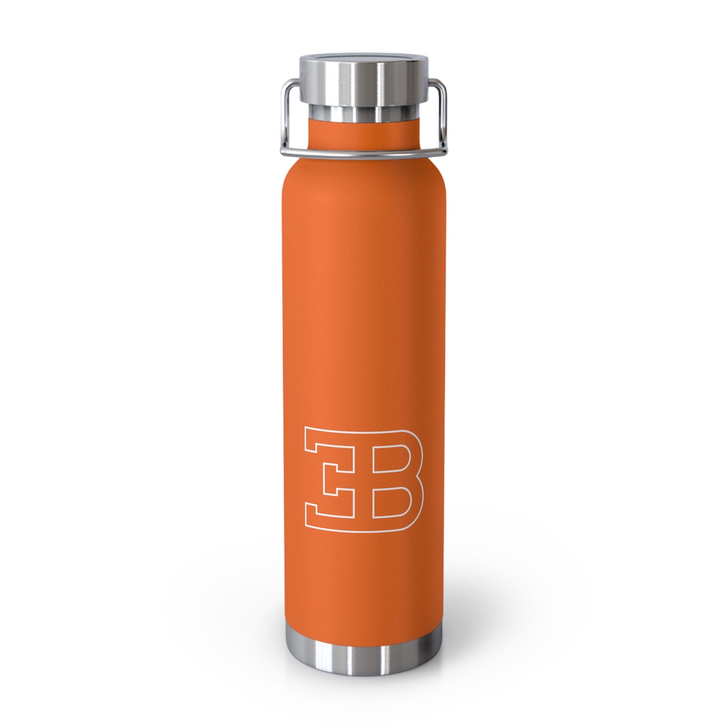 Front View of Orange Bugatti Logo Water Bottle. Copper Vacuum Insulated. Bugatti lifestyle.