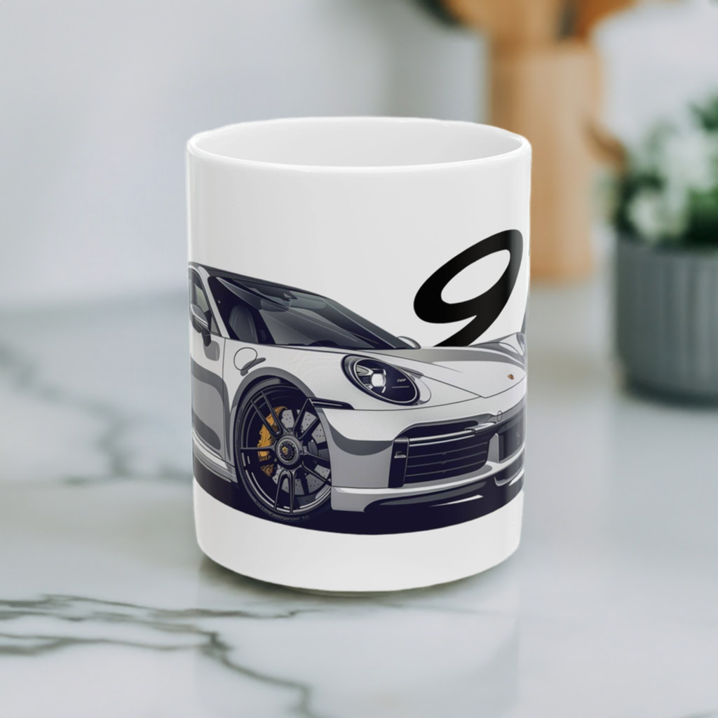 11oz Porsche 911 Turbo Coffee Mug on marble countertop