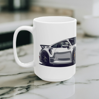 Left side of the Porsche 911 Turbo Coffee Mug on a marble countertop