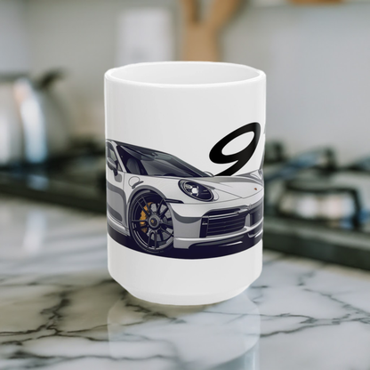 15oz Porsche 911 Turbo Coffee Mug on marble counterop