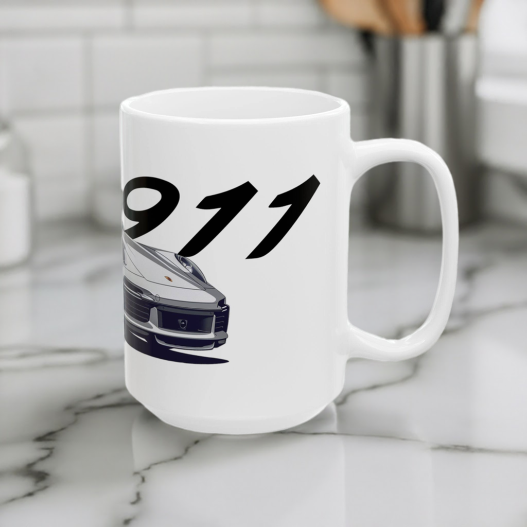 15oz Porsche 911 Turbo Coffee Mug on marble counterop right side