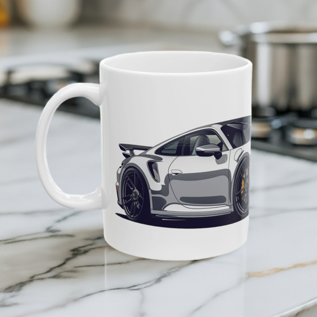 Left view of a Porsche 911 Turbo 11oz coffee mug on a marble countertop