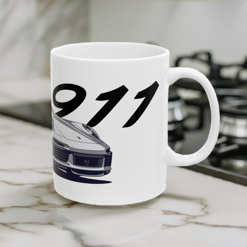 Left view of a Porsche 911 Turbo 11oz coffee mug on a marble countertop