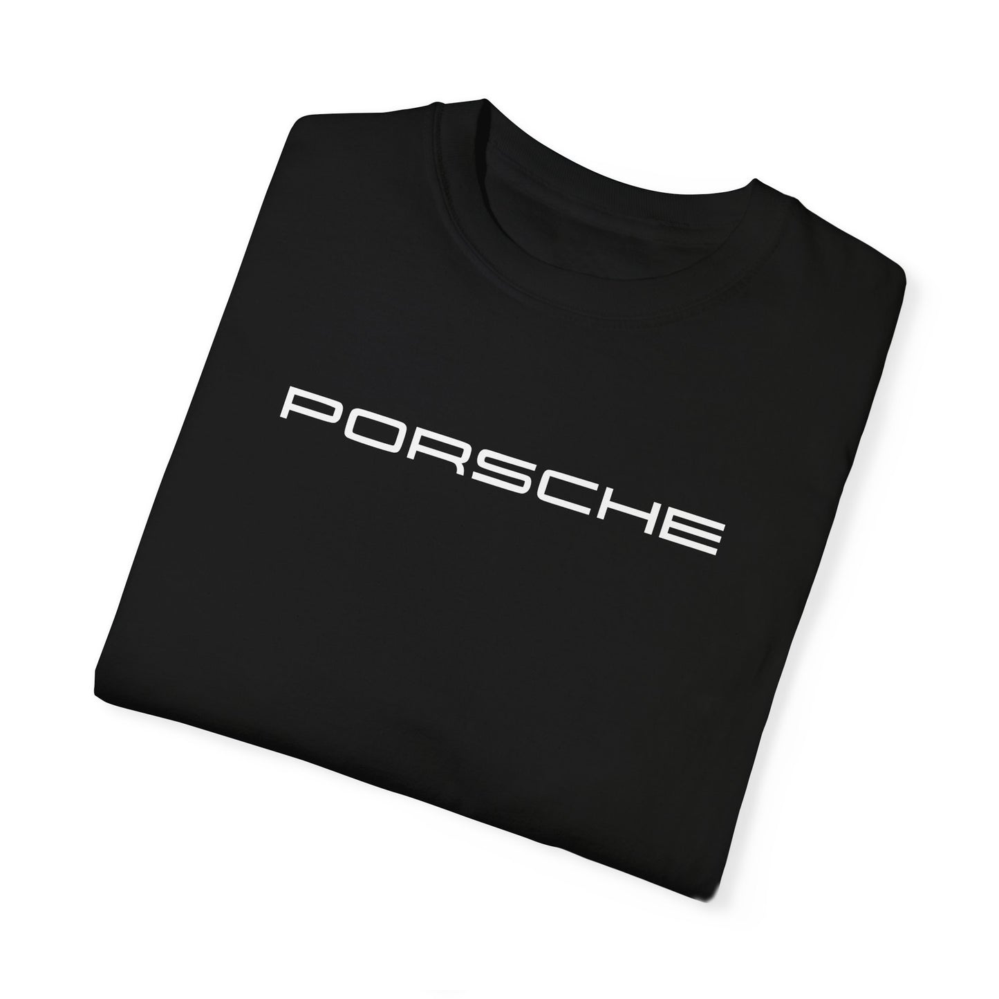 Black Porsche T-Shirt with white text, folded.
