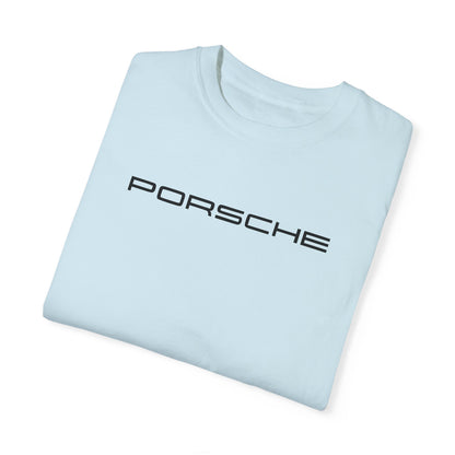 Chambray Porsche T-Shirt with black text, folded.
