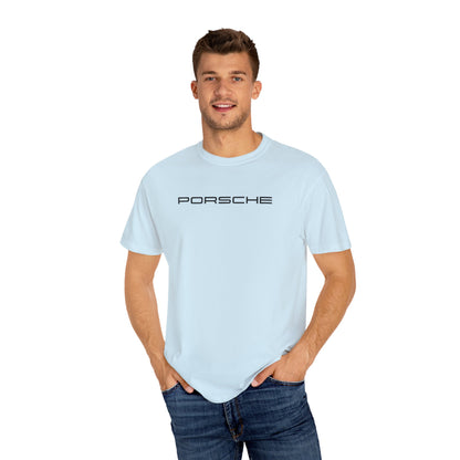 Model wearing Chambray Porsche T-Shirt with black text.
