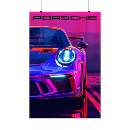 Colorful Porsche GT3RS matte poster with bold design.