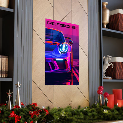 Porsche GT3RS poster on a decorated wall with holiday decor.