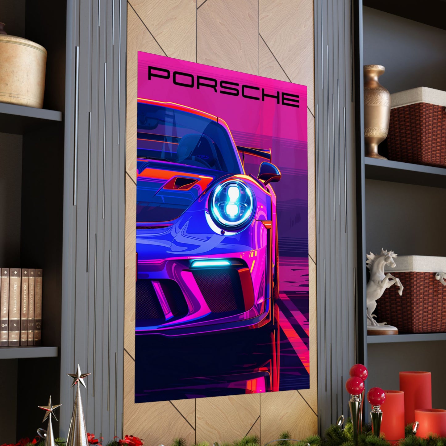 Porsche GT3RS poster on a stylish wall with festive decor.