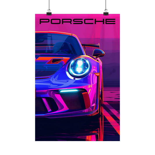 Vibrant Porsche GT3RS matte poster with neon colors.