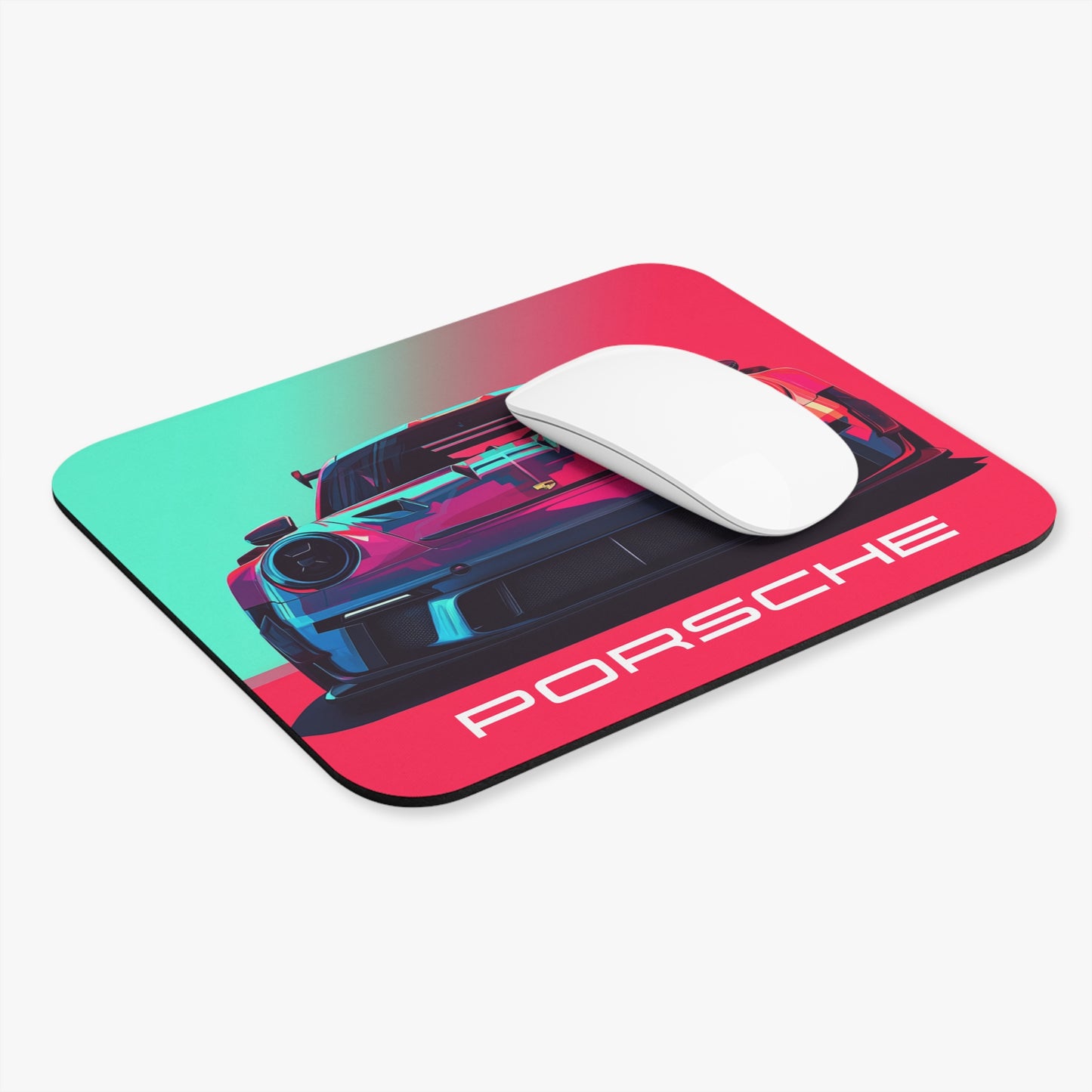 Cyberpunk neon Porsche GT3 mouse pad on a white background