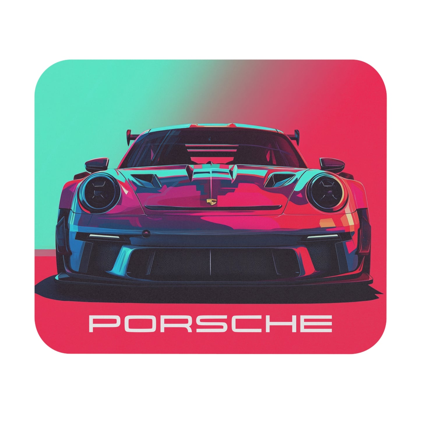 Close-up view of the Cyberpunk neon Porsche GT3 mouse pad on a white background