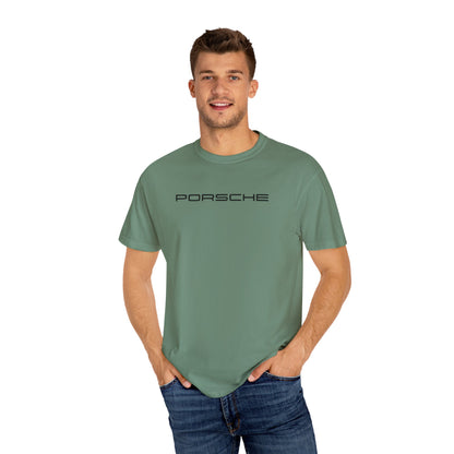 Model wearing Green Porsche T-Shirt with black text.
