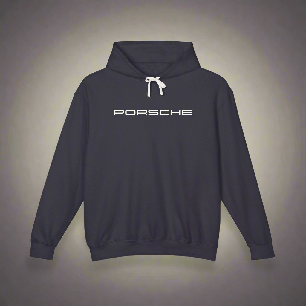 Black hoodie with Porsche text logo in black on the front, featuring a natural-colored flatcord hood.