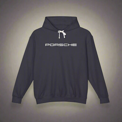 Black hoodie with Porsche text logo in black on the front, featuring a natural-colored flatcord hood.