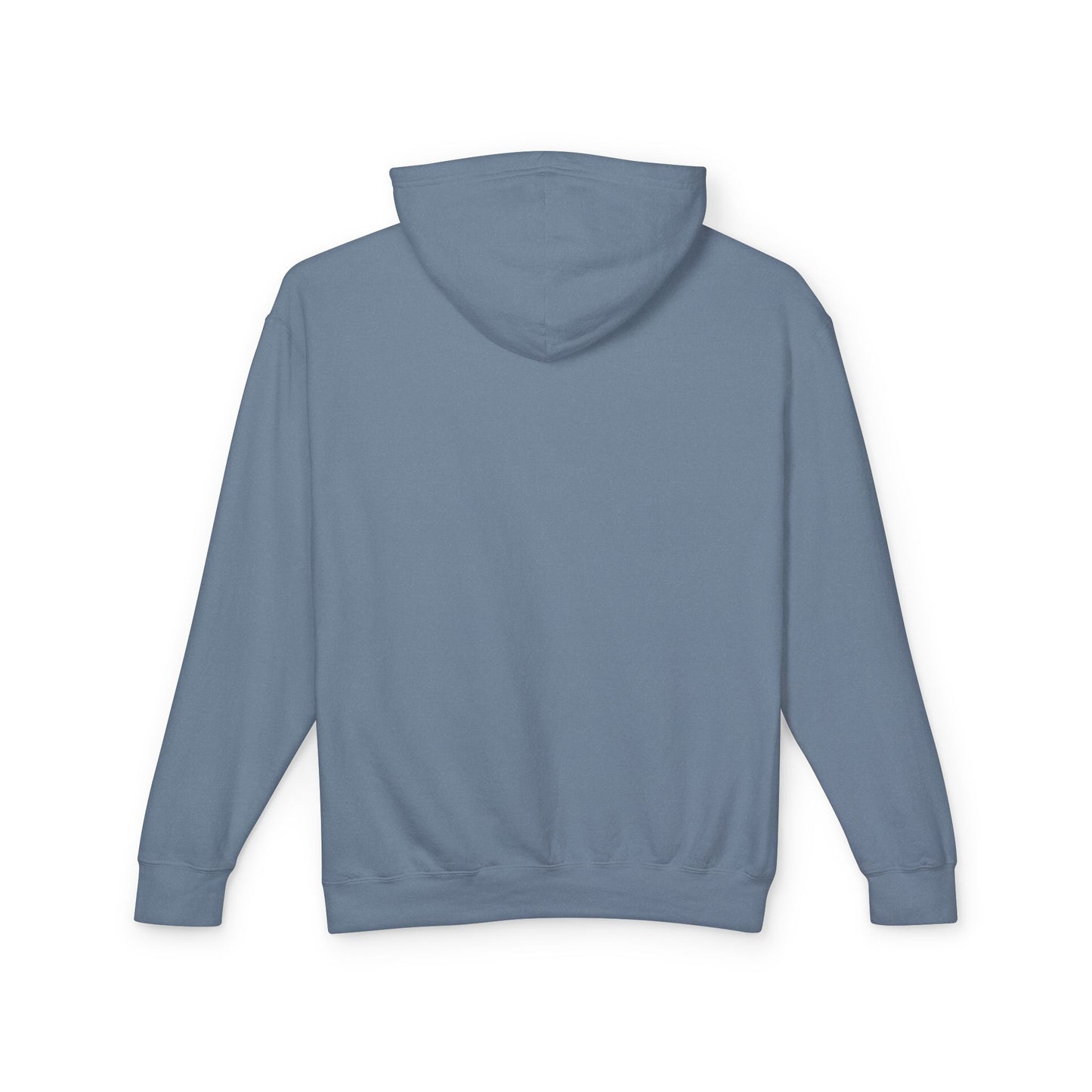 Backside of the Pastel Blue, or Blue Jean hoodie with no designs on the back.