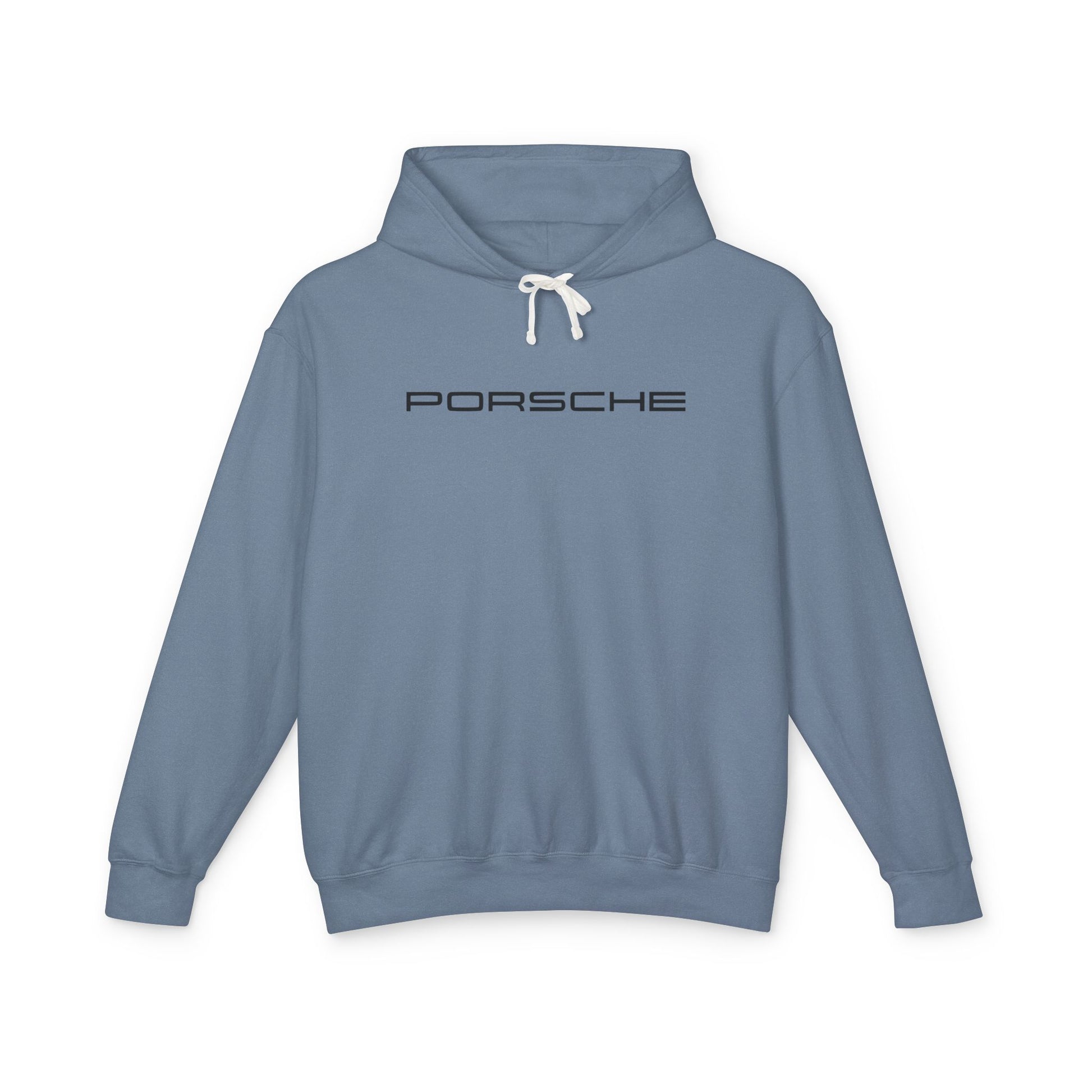 Pastel Blue, or Blue Jean hoodie with Porsche text logo in black on the front, featuring a natural-colored flatcord hood.