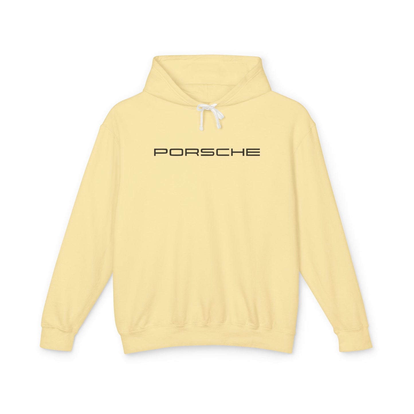 Pastel Yellow, or Butter hoodie with Porsche text logo in black on the front, featuring a natural-colored flatcord hood.