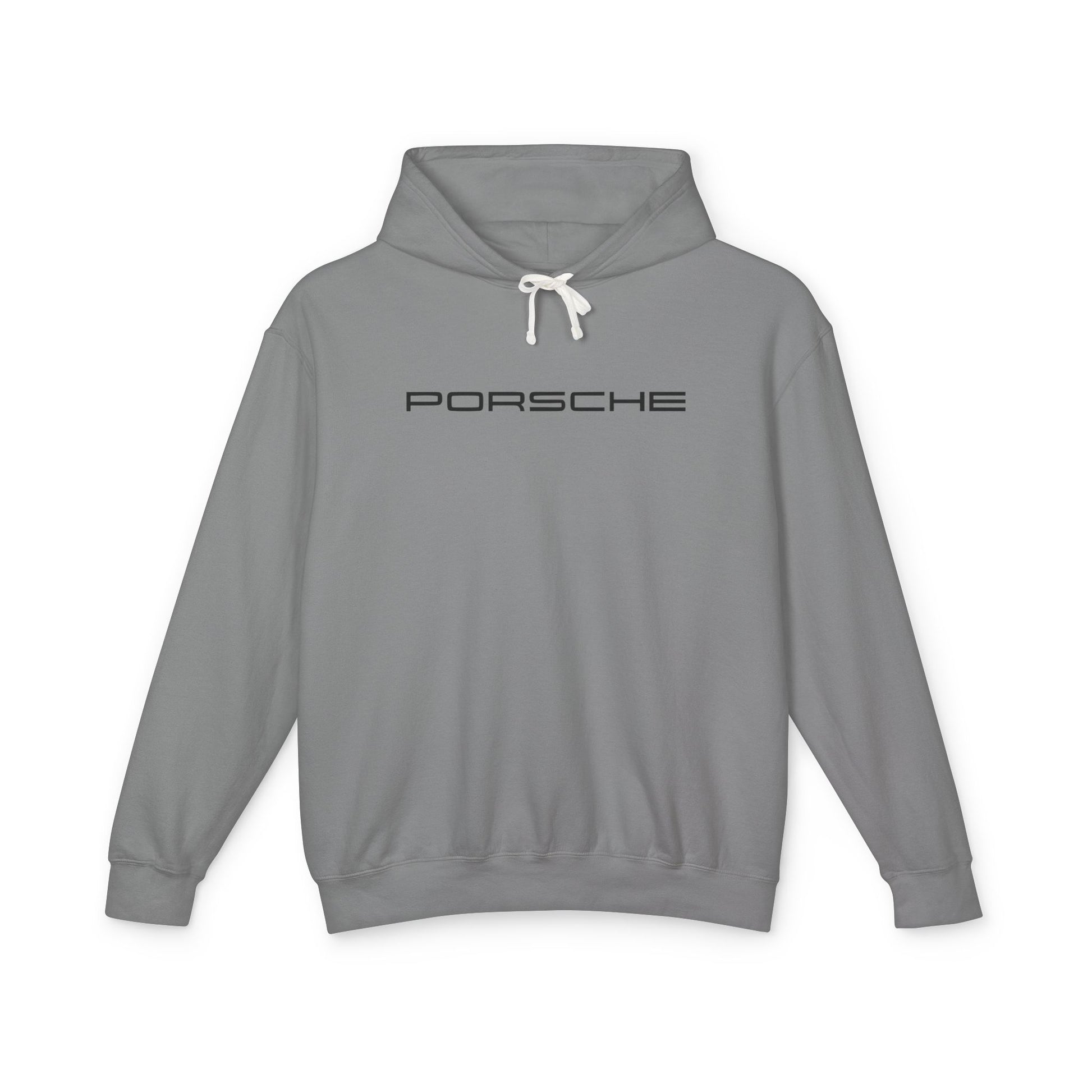 Grey hoodie with Porsche text logo in black on the front, featuring a natural-colored flatcord hood.