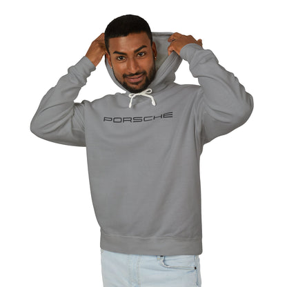 Model wearing a Grey hoodie with Porsche text logo in black on the front, featuring a natural-colored flatcord hood.