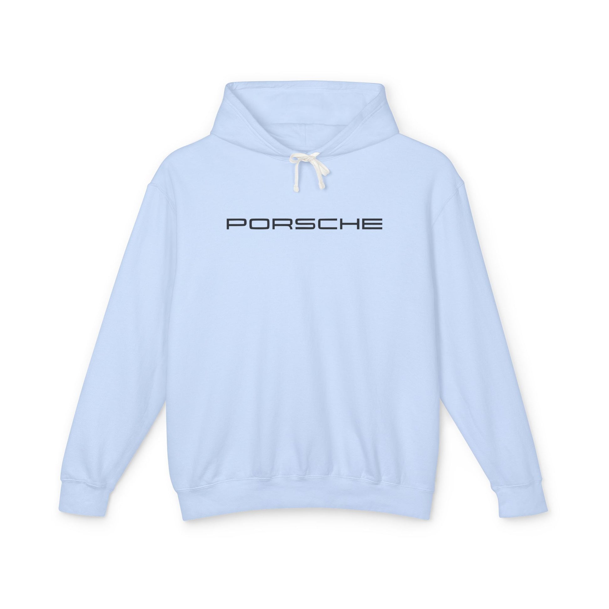 Hydrangea or Light Blue hoodie with Porsche text logo in black on the front, featuring a natural-colored flatcord hood.