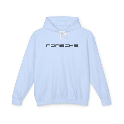 Hydrangea or Light Blue hoodie with Porsche text logo in black on the front, featuring a natural-colored flatcord hood.