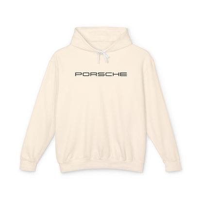 Ivory or cream hoodie with Porsche text logo in black on the front, featuring a natural-colored flatcord hood.