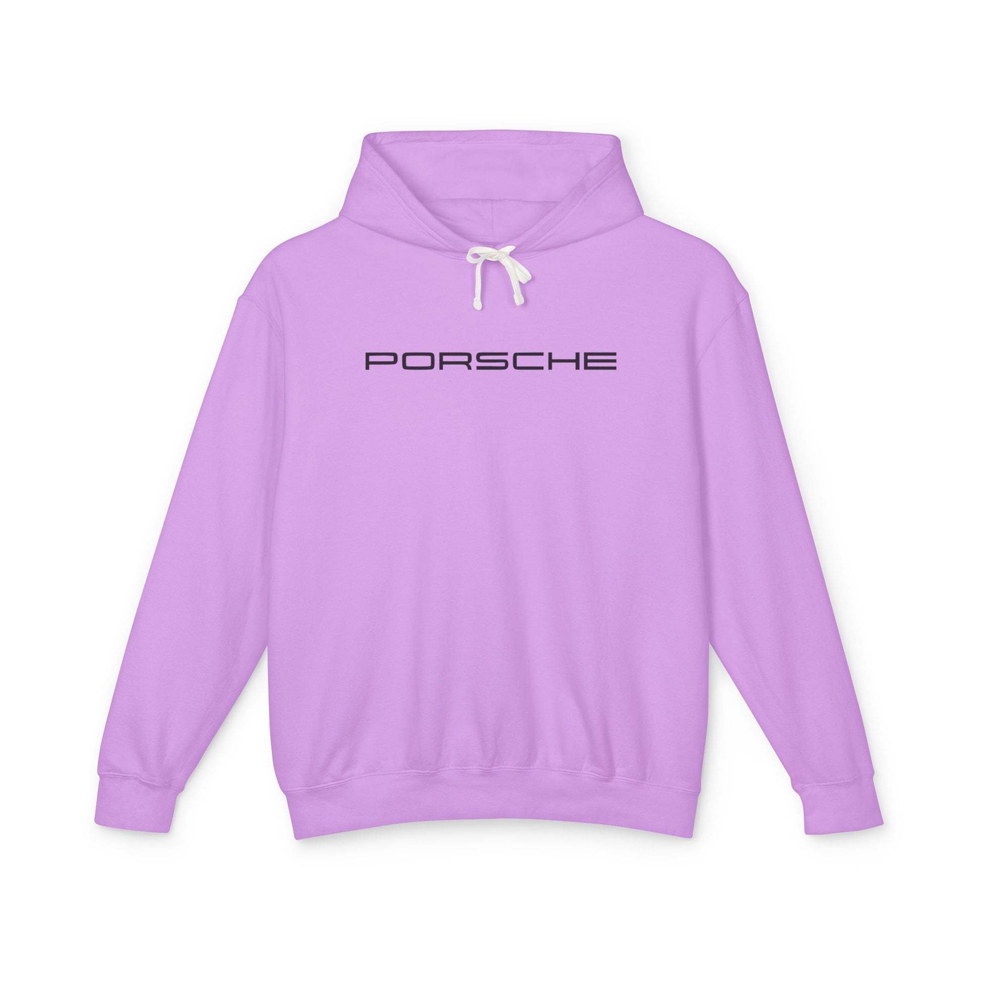 Neon-Violet hoodie with Porsche text logo in black on the front, featuring a natural-colored flatcord hood.