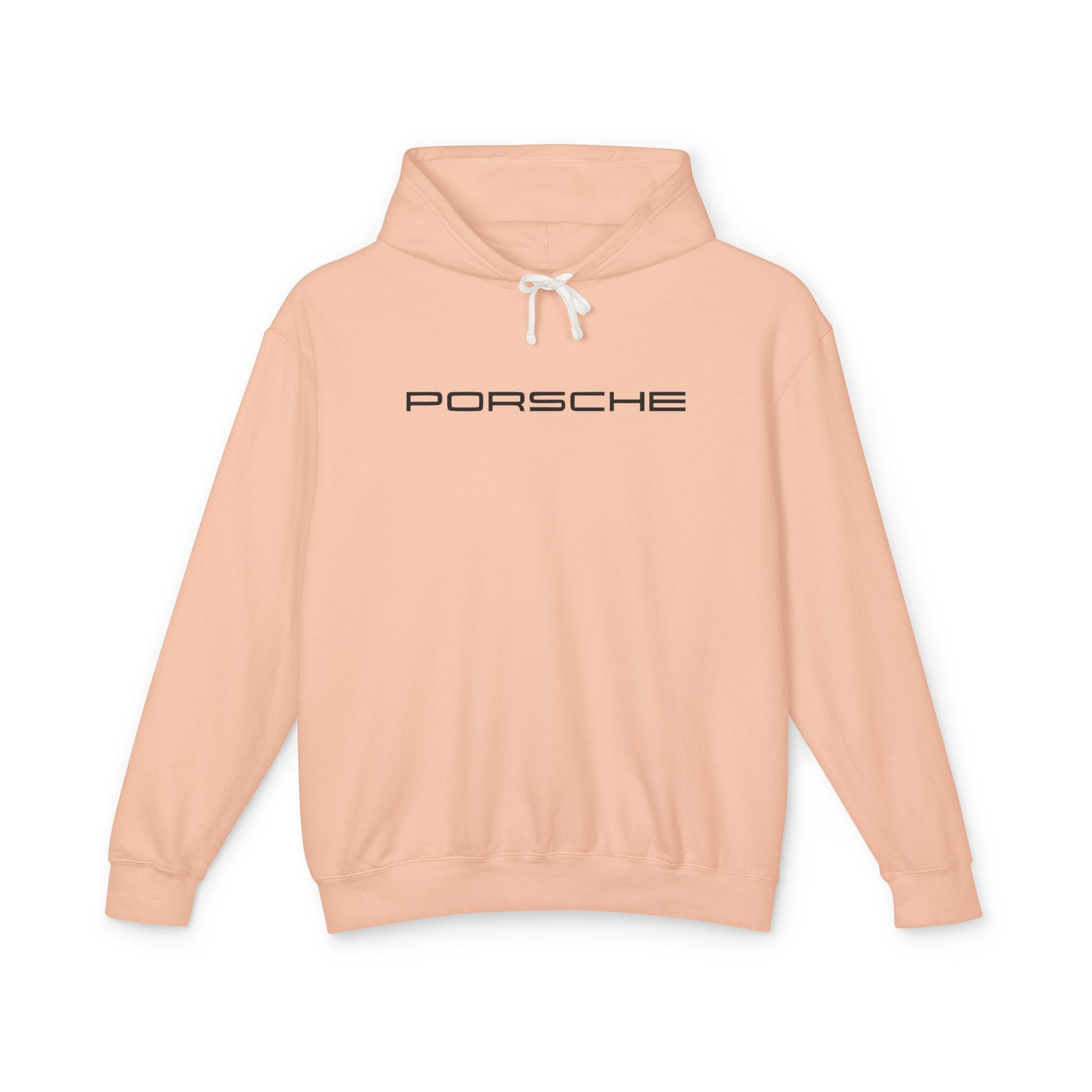 Peachy hoodie with Porsche text logo in black on the front, featuring a natural-colored flatcord hood.