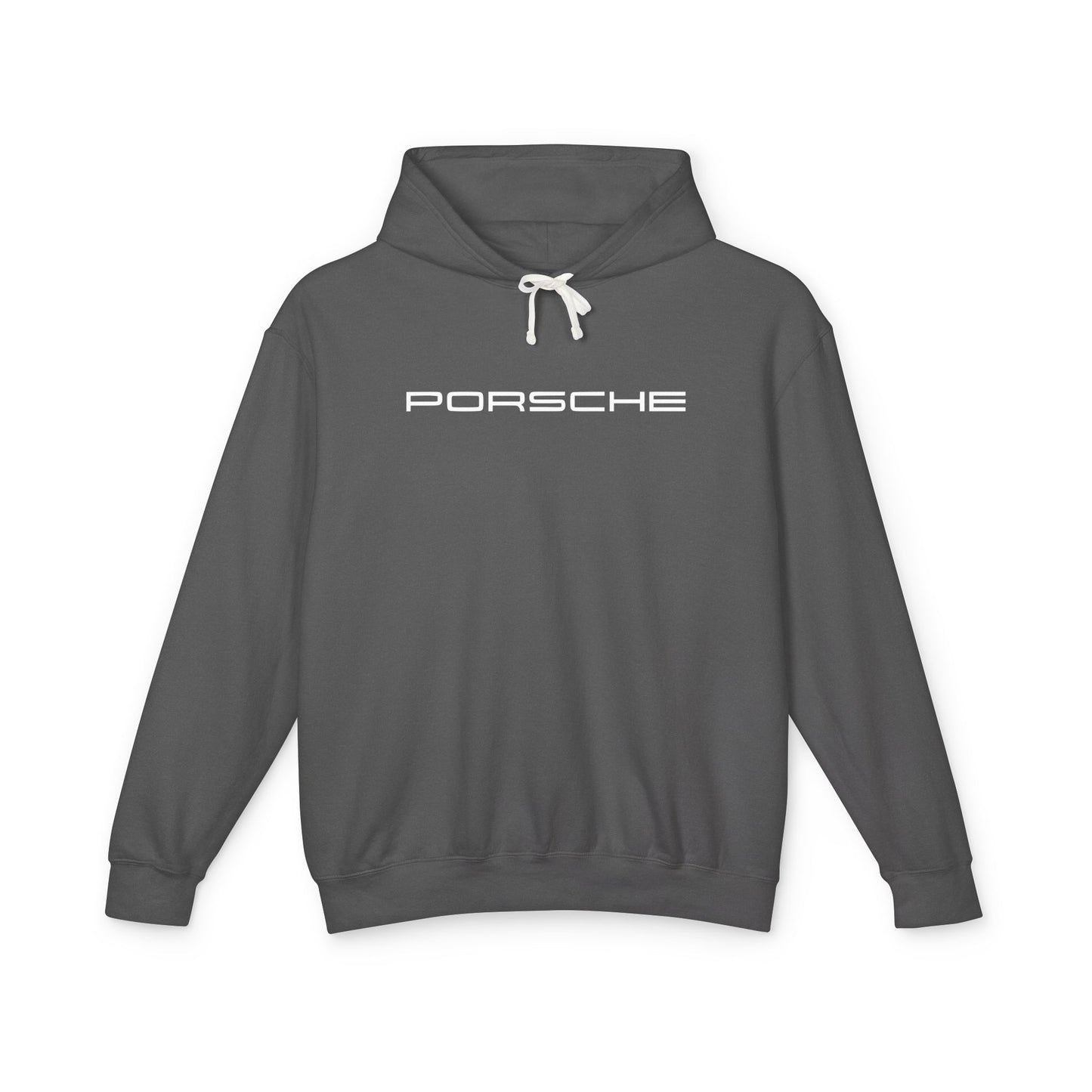 Pepper or Dark Grey hoodie with Porsche text logo in black on the front, featuring a natural-colored flatcord hood.