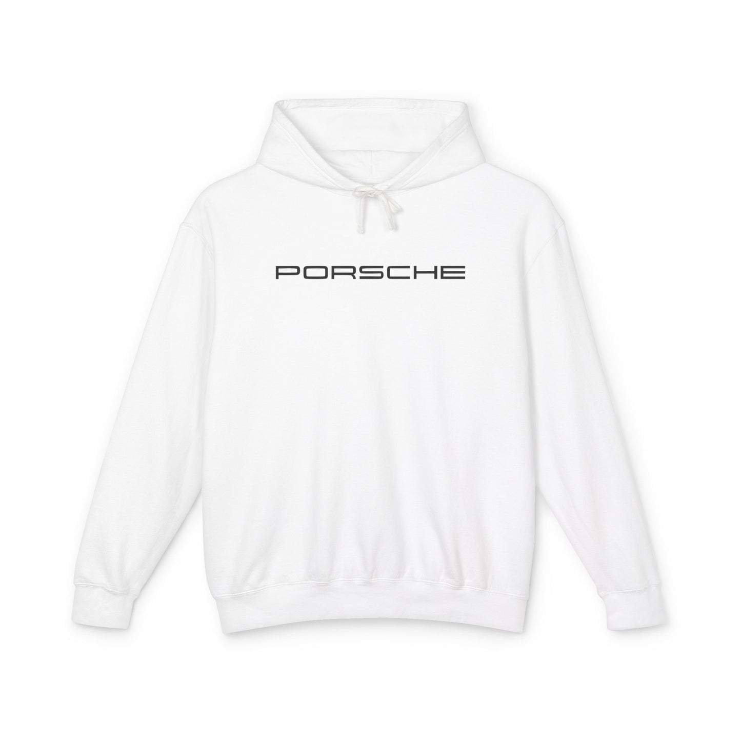 White hoodie with Porsche text logo in black on the front, featuring a natural-colored flatcord hood.