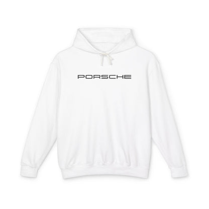 White hoodie with Porsche text logo in black on the front, featuring a natural-colored flatcord hood.