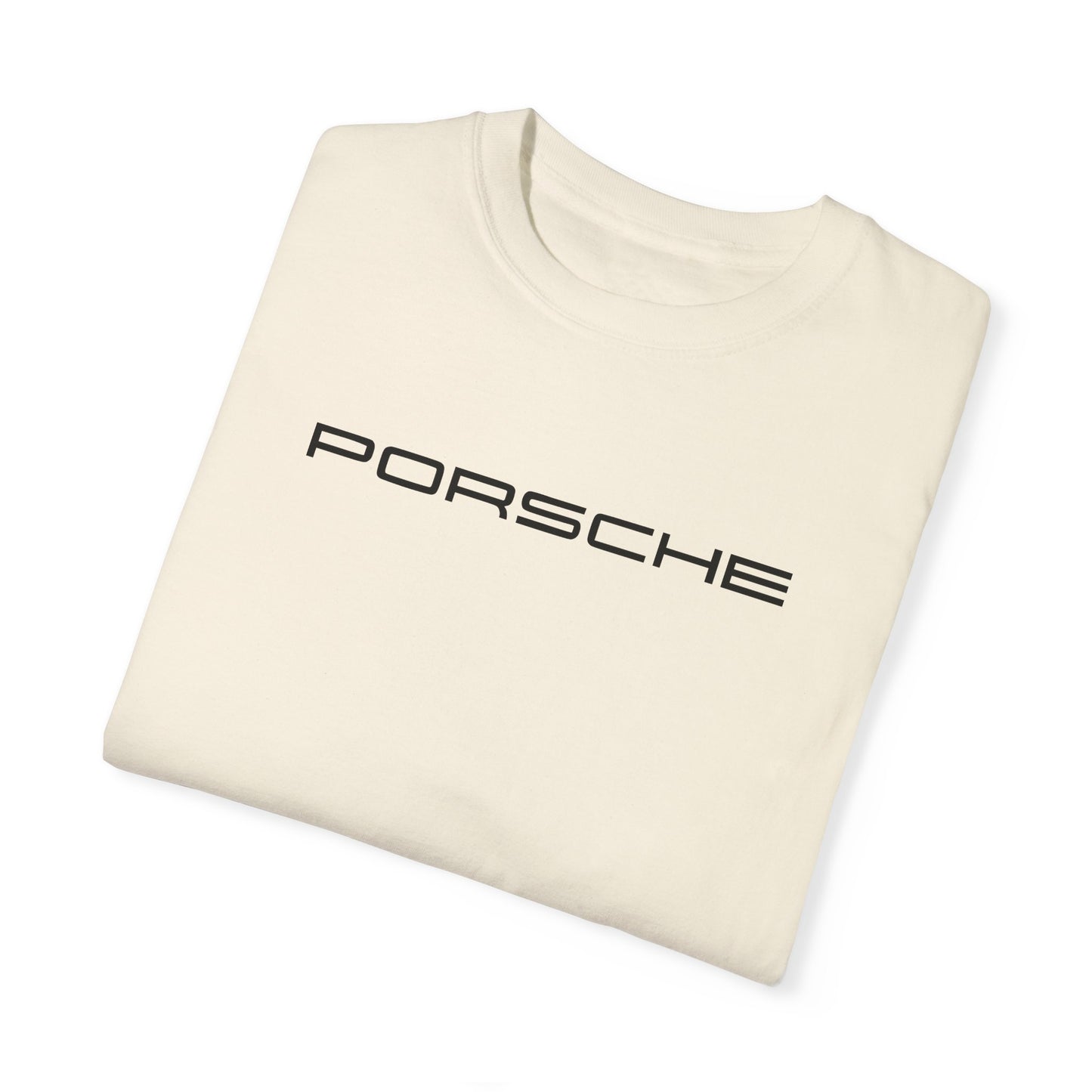 Ivory Porsche T-Shirt with black text, folded.
