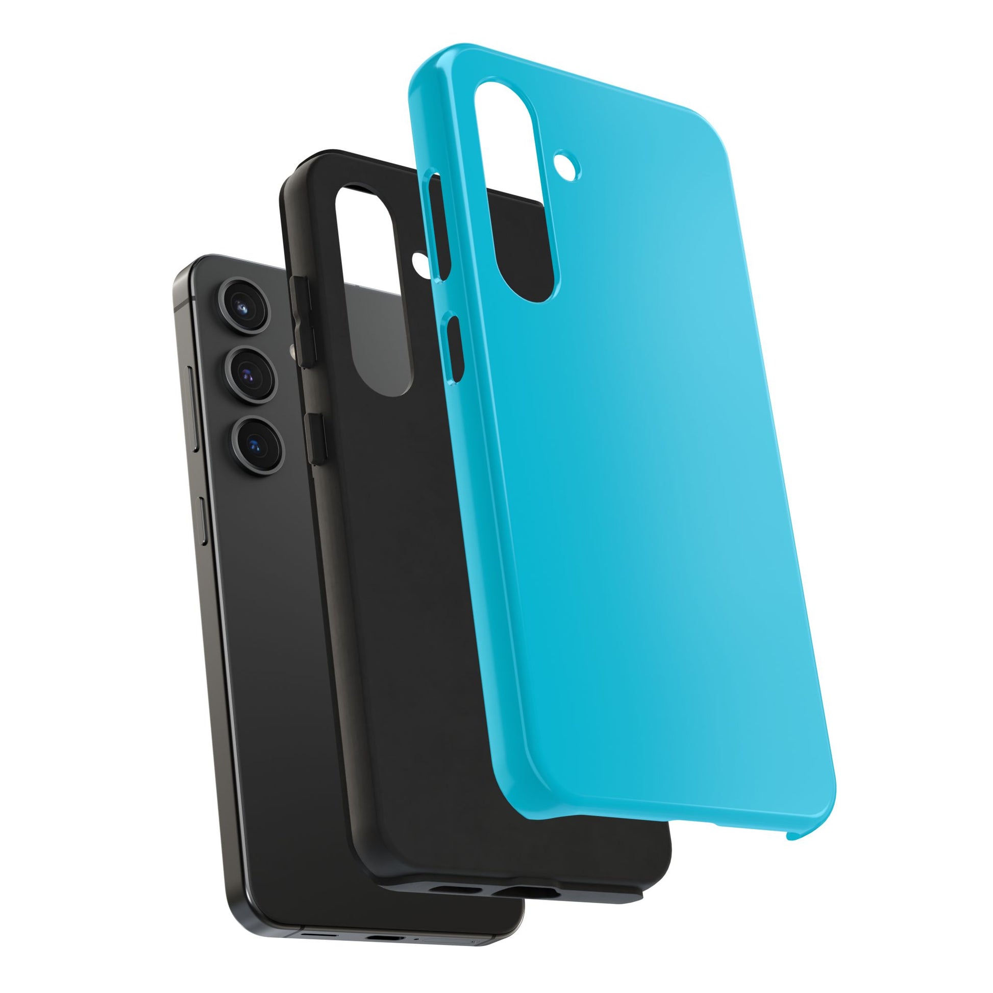 Exploded view of the Samsung Galaxy S24 Porsche Miami Blue phone case.